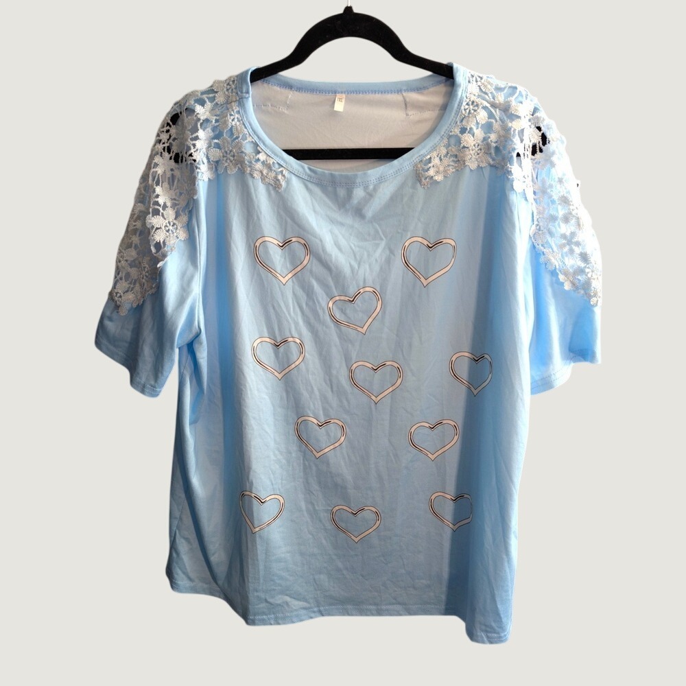 Womens Light Blue‎ Heart Lace Shoulder T Tee Shirt Top PLus Size 3XL XXX Crochet